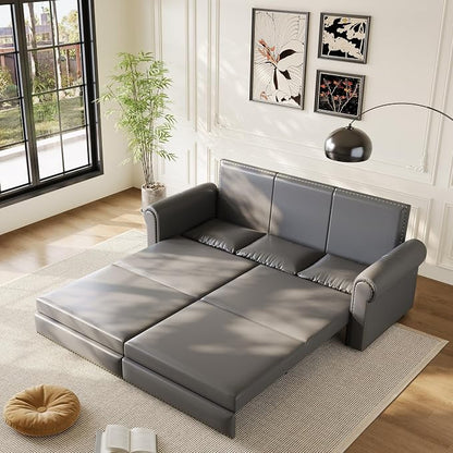 93.7" King Pull Out Sofa Bed, Faux Leather Sleeper Sofa Couch, 3 in 1 Convertible Futon Couches for Living Room, Small Space, Apartment, Office, Bedroom, Modern Rivet Armrest, Grey