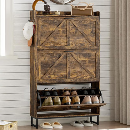 BORNOON Shoe Cabinet with 3 Flip Drawers Narrow Shoe Storage Cabinet Organizer Wooden Freestanding Shoe Rack Hidden Slim Shoes Storage Cabinet for Entryway, Hallway, Living Room, Bedroom