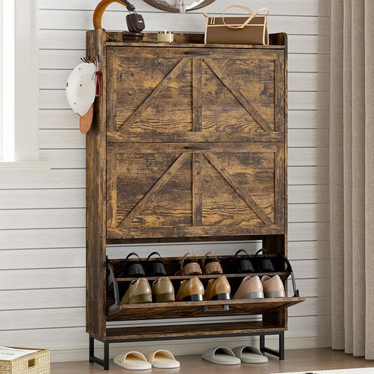 BORNOON Shoe Cabinet with 3 Flip Drawers Narrow Shoe Storage Cabinet Organizer Wooden Freestanding Shoe Rack Hidden Slim Shoes Storage Cabinet for Entryway, Hallway, Living Room, Bedroom