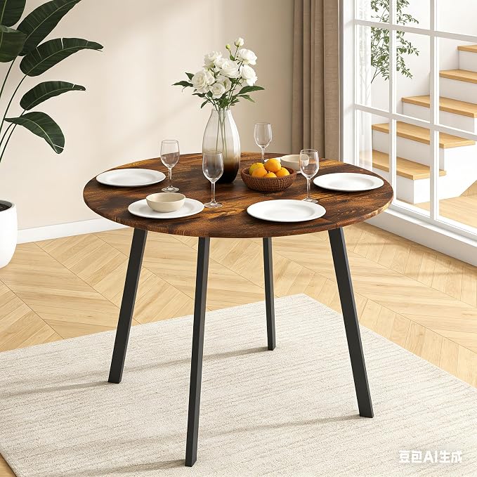 VINGLI Round Dining Table for 2-4, 35in Modern Dining Room Table with Metal Base, Brown Wooden Kitchen Table, Space-Saving, Small Space Circle Dinette for Home, Kitchen, Apartment