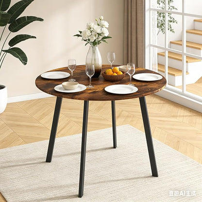 VINGLI Round Dining Table for 2-4, 35in Modern Dining Room Table with Metal Base, Brown Wooden Kitchen Table, Space-Saving, Small Space Circle Dinette for Home, Kitchen, Apartment