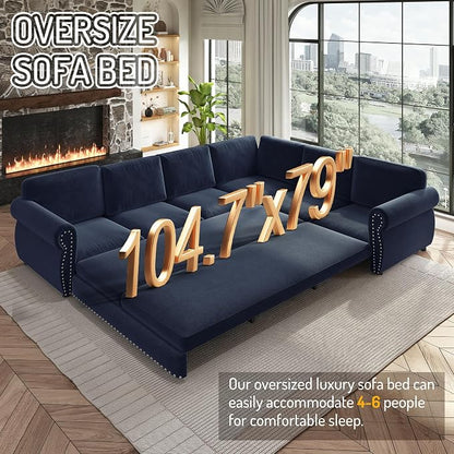 118" L-Shaped Sleeper Couch Bed - Oversize Convertible with Pull-Out Sofa Bed, Button Tufted Chesterfield Sofa, Chenille Sectional Vintage Couches for Living Room/Apartment(6-Seater, Blue) | Oversize Convertible