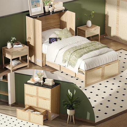 VINGLI Twin Size Rattan Murphy Bed with Storage Drawer,Charging Station, Boho,Hideaway Paltform Panel Bed for Small Spaces,Guest Room,Office,Apartment, Space-Saving Cabinet Bed,Oak White