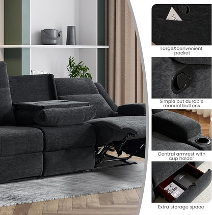 75'' Manual Reclining Sofa with Storage Drawer, 3 Seat Wall Hugger Recliner Couch with Cup Holders, Side Pockets, Chenille Fabric, Compact 3-Person Recliner for RV, Living Room, Apartment (Black)