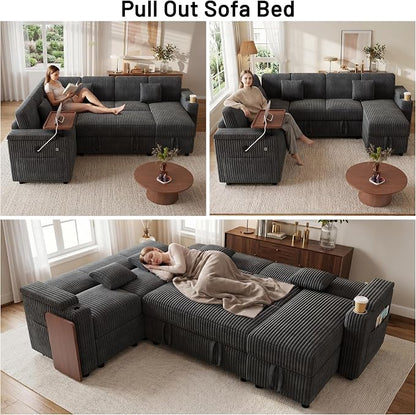 L-Shaped Sectional Sleeper Sofa with Pull Out Bed, Dark Grey | Plush Corduroy, Reclining Backrest, Storage Chaise, Usb Ports, Cup Holders & Table – Modular Cloud Couch for Living Room