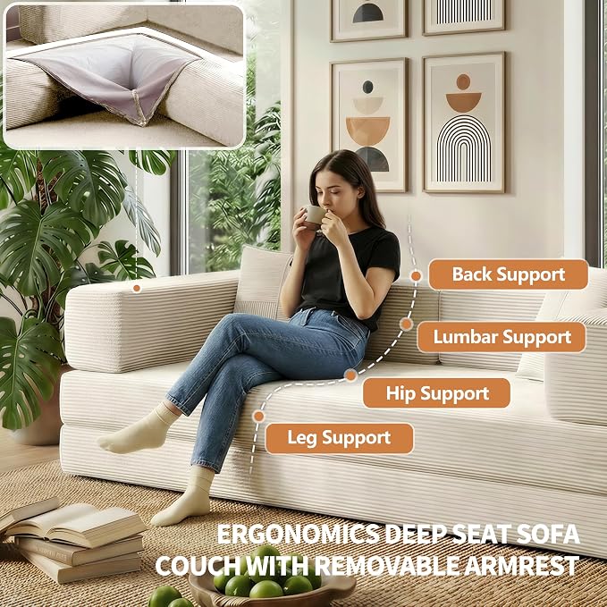 78.8" Convertible Sofa Bed with Armrest Pillow, 4-in-1 Sleeper Couch Bed for Livingroom, Modular Corduroy Boneless couches, No Assembly (Beige)