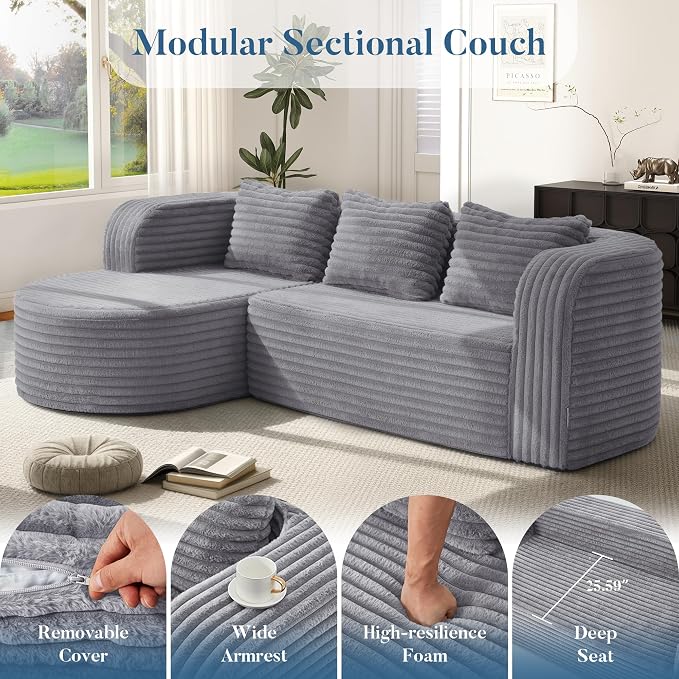 Hobestluk Modular Sectional Sofa Couches L-Shape Couch 3 Seat Modular Sofa Memory Foam Sectional Couches for Living Room, Cloud Couch (Round Lightgrey, 96", Left Hand Facing)