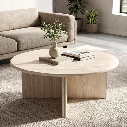 DUOMAY Modern Round Coffee Table Beige Travertine Finish Center Table Faux Marble 31.5" Wooden Tea Table for Living Room, Reception Room, Home Office, Luxury Minimalist