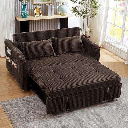 55.5" Corduroy Convertible Sofa Bed, Pull Out Sleeper Sofa Bed, Loveseat Couch with USB Charging Ports, 3 in 1 Convertible Sleeper Sofa Bed for Living Room, Apartment, Bedroom, RV, Brown