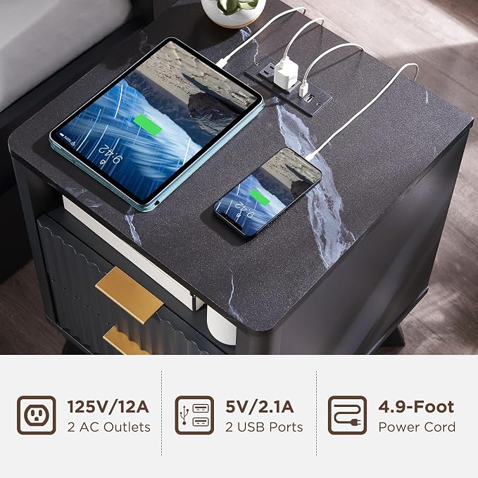 T4TREAM Fluted Nightstand Set of 2 with Charging Station, 18" Modern SideTable with Faux Marble Top, 2 Drawer End Table w/Storage, Bedside Table for Bedroom, Living Room, Curved Profile, Dark Grey