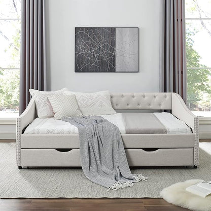 KEIKI Full Size Upholstery Daybed with 2 Drawers and Headboard, Mid-Century Style Tufted Sofa Bed with Button on Back, Easy Assembly, No Box Spring Required, for Living Room and Bedroom, Beige