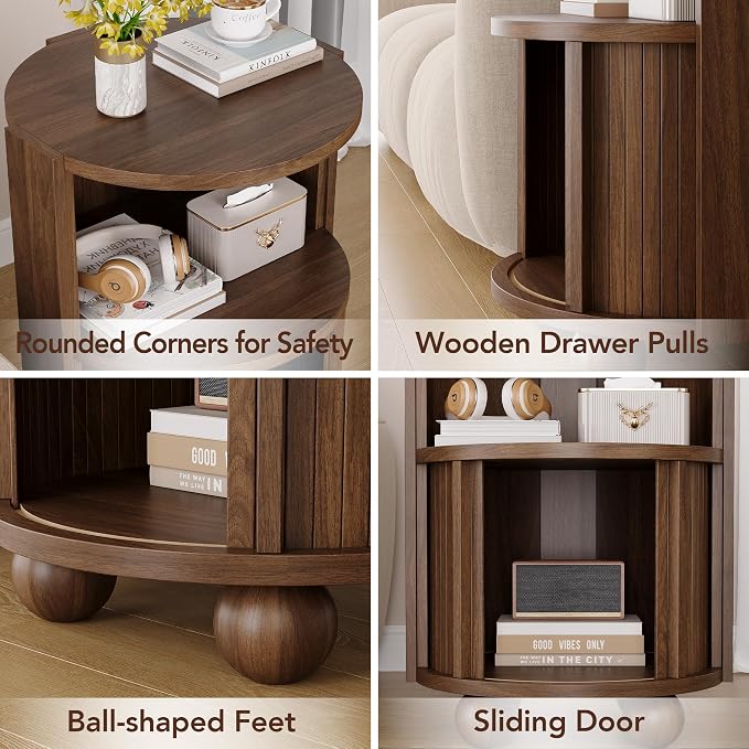 Decofy Modern Round Nightstand with Sliding Doors and 2 Storage Shelves, Modern Bedside End Table,Suitable for Bedroom (Walnut)