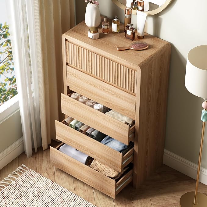 LYNSOM 5 Drawer Dresser for Bedroom, 48" Tall Fluted Dresser with Curved Corners, Wood Dressers & Chests of Drawers with Dual-Panel Design for Bedroom, Entryway, Oak
