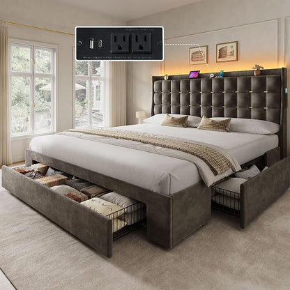 DWVO King Size Bed Frame with 3 Storage Drawers and RGB LED Lights, Velvet Upholstered Bed with Charging Station and Storage Headboard, No Box Spring Needed, Easy Assembly, Noise-Free, Grey