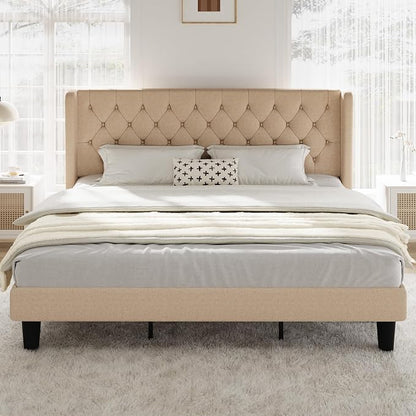 Allewie King Size Bed Frame with Button Tufted Wingback Headboard, Modern Upholstered Bed Frame with Solid Wooden Slats Support - No Box Spring Needed, Easy Assembly, Beige