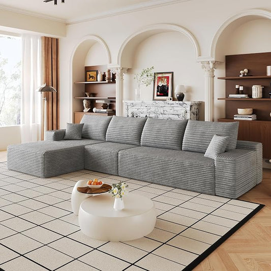 135" Oversized Cloud Sectional Couch Boneless Sofa for Living Room, Fluffy Corduroy Corner Couch with Deep Seat, Compressed Modular Sectional Sofa with L-Shaped Chaise, No Assembly Required