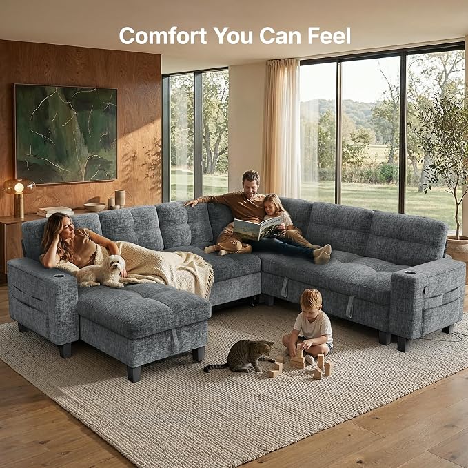 AMADA HOMEFURNISHING 110″ Modular Sectional Sleeper Sofa with Pull Out Couch, U Shaped 7 Seat Sectional Sofa with Storage, USB Ports & Cup Holders, Chenille Cloud Couches for Living Room, Light Gray