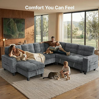 AMADA HOMEFURNISHING 110″ Modular Sectional Sleeper Sofa with Pull Out Couch, U Shaped 7 Seat Sectional Sofa with Storage, USB Ports & Cup Holders, Chenille Cloud Couches for Living Room, Light Gray