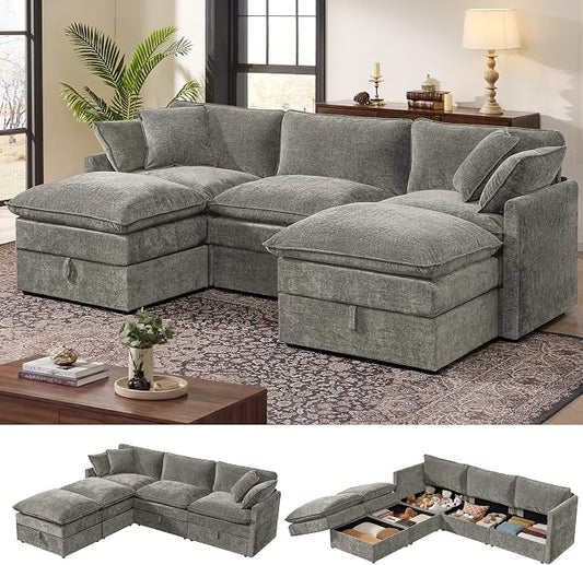 Ihanherry 103” Modular Sectional Sofa with Storage, U Shaped Cloud Couch with Movable Ottomans & 4 Pillows, Chenille Deep Seat Sectional Couches for Living Room, Apartment (Grey)