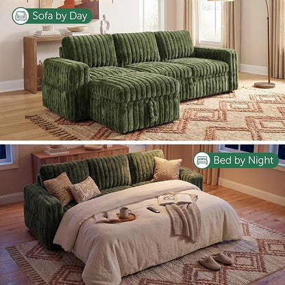 HONBAY Plush Corduroy Modular Sectional Sofa with Pull Out Bed L Shaped Sleeper Sofa with Storage Sectional Couches for Living Room,Plush Green