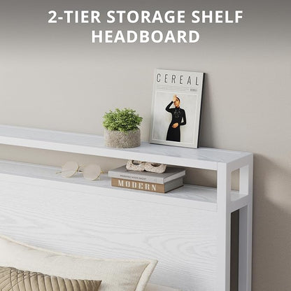 LIKIMIO King Bed Frame with Headboard, Wood Camas King with Strong Supports, Sturdy, Noise-Free, No Box Spring Needed, White