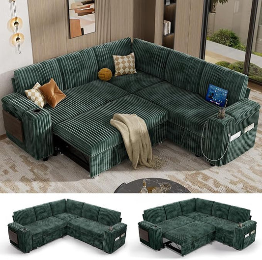 Vipbear 86" Modular Sectional Sleeper Sofa with Pull Out Bed, 5 Seat Plush Corduroy L Shaped Couch with Storage Seat|USB Ports|Cup Holders|Side Table|Storage Armrests, Tool Free Assembly, Green