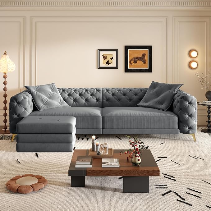 97.7" Convertible Queen Sleeper Sofa with Ottoman - Button Tufted Pull Out Sofa Bed, Velvet King Size Couch Bed & Vintage Deep Seat 4-Seater Couch for Small Spaces, Apartment & Living Room, Dark Grey | Button Tufted