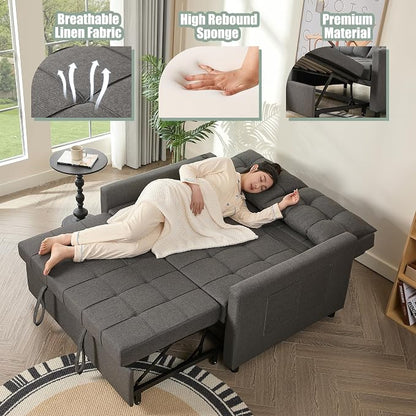 GOSUHI 52" Sleeper Sofa with Pull-Out Bed, 3-in-1 Convertible Sofa Bed, Set of Loveseat with Stepless Adjustable Backrest and Side Pocket, for Living Room Dorm Apartment, Linen, Dark Gray
