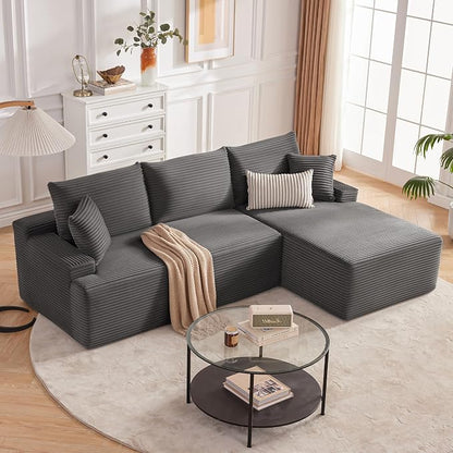 Mangodan Cloud Sectional Sofa, Boneless Couch for Living Room, Modular Sectional Sofa with Deep Seat, Fluffy L-Shaped Comfy Couch with Right-Facing Chaise, No Assembly Required, Grey