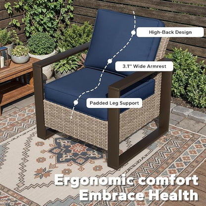 Joyside Outdoor Patio Chairs, 4 Pieces Wicker Rattan Furniture Set, 2 Patio Chairs and 2 Ottoman, Metal Wide Armrest, Thick Cushions and Deep Seating for Garden, Backyard, Porch, Deck