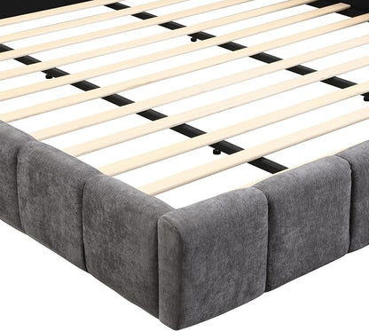 Merax King Size Elegant Chenille Upholstered Platform Bed with Thick Headboard and Footboard, Block Style Upholstery Grounded Bed Frame, Gray