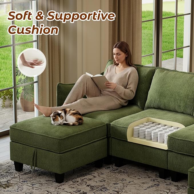 WorthFurni 112" Modular Sectional Sofa U Shape Couches with Storage Ottoman and Washable Cushion Cover for Living Room, Bedroom, Apartment(Green)