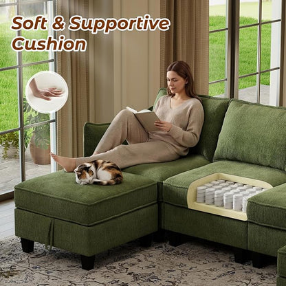 WorthFurni 112" Modular Sectional Sofa U Shape Couches with Storage Ottoman and Washable Cushion Cover for Living Room, Bedroom, Apartment(Green)