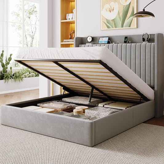Allewie Queen Size Lift Up Storage Bed Frame,Storage Shelf Headboard with Charging Station,Type-C and USB Ports,Hydraulic Support,Velvet Upholstered Bed Frame,No Box Spring Needed,Grey