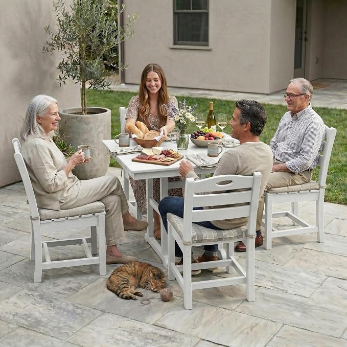 Elountik Outdoor Dining Set for 4, 5-Piece White HDPE Patio Furniture with Square Table and Chairs, Umbrella Hole