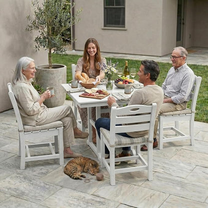 Elountik Outdoor Dining Set for 4, 5-Piece White HDPE Patio Furniture with Square Table and Chairs, Umbrella Hole