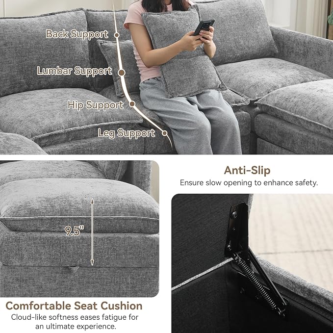 80" Cloud Modular 3 Seater Sofa with 2 Storage Ottoman, Modern Storage Sofa Couch Deep Seat, U Shape Sectional Sofa Chenille Comfy Couch with Armrests for Living Room, Small Space, Light Grey