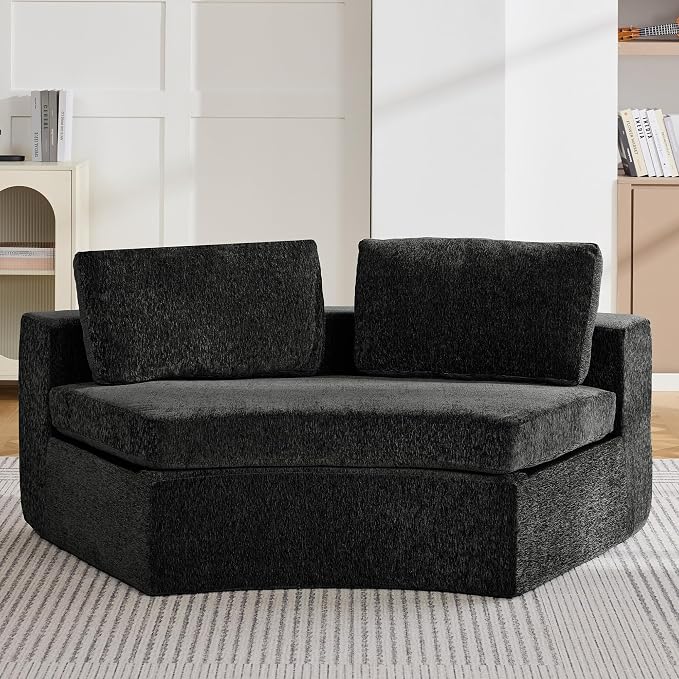 WUTUTUEE Curved Round Boneless Sofa, Oversized Modular Sectional Sofa with Deep Seat, Chenille Memory Foam Sofa with Pillows, Upholstered Comfy 2 Middle Seat Couch for Living Room, Black