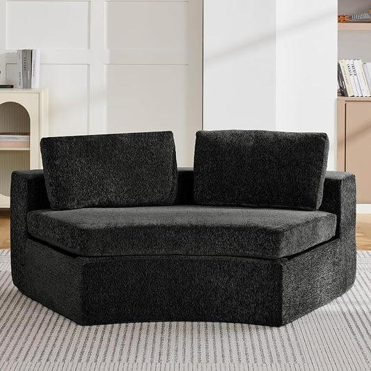 WUTUTUEE Curved Round Boneless Sofa, Oversized Modular Sectional Sofa with Deep Seat, Chenille Memory Foam Sofa with Pillows, Upholstered Comfy 2 Middle Seat Couch for Living Room, Black