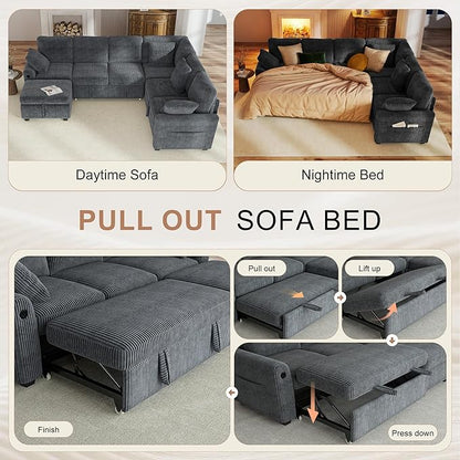 Hanherry 106" Sectional Sofa with Pull Out Couch Bed,6 Seater Corduroy Sleeper Sofa with Storage Ottoman & USB Charging,Comfy L Shaped Modular Couches for Living Room,Apartment