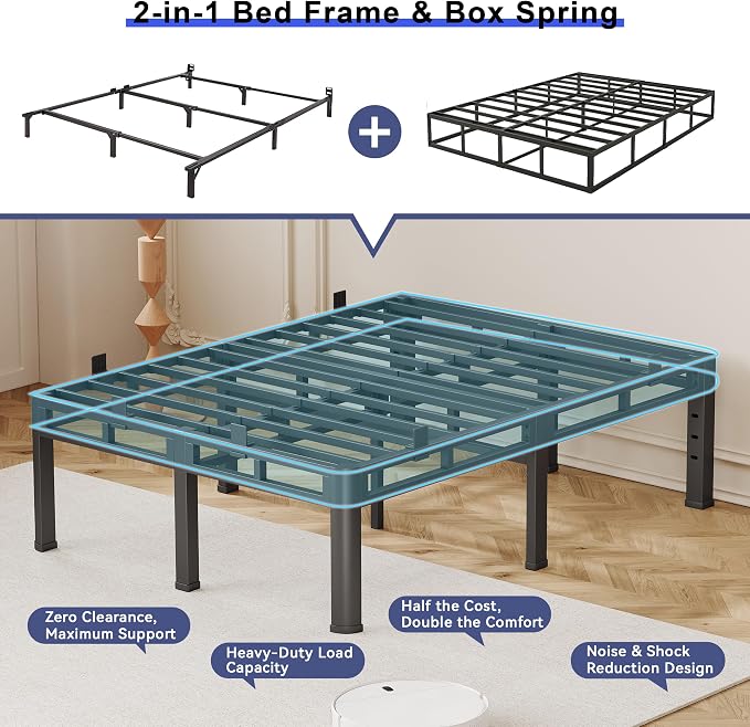20 Inch Full Size Bed Frame, Double Layer Heavy Duty Bed Frames 4000 lbs Capacity, Metal Platform with Headboard Holes, Round Corner Legs, Mattress Slide Stopper, Easy Assembly