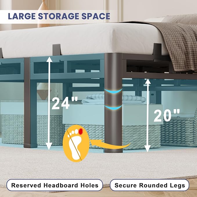 Bed Frame Queen Size 24 Inch Tall, Double Layer Heavy Duty Metal Platform 4000 lbs Capacity, Bed Frames with Headboard Holes，Round Corner Legs, Mattress Slide Stopper, Easy Assembly