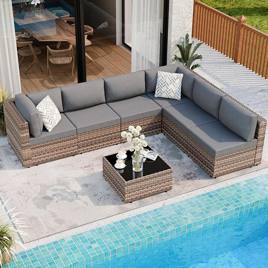 7 Piece Outdoor Patio Furniture Set,Brown PE Rattan Wicker Sectional Sofa, All Weather Conversation Set with Washable Cushions & Glass Coffee Table for Backyard Poolside Garden Porch,Gray