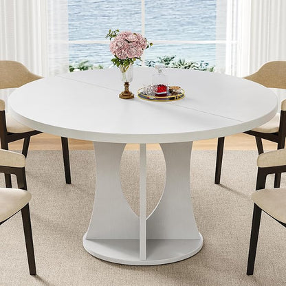iPormis 47-Inch Round Dining Table for 4-6 People, Circle Dinner Table with Wooden Legs and A Stable Round Pedestal Base, Space Saving Wooden Kitchen and Dining Room Table, White (Table Only)