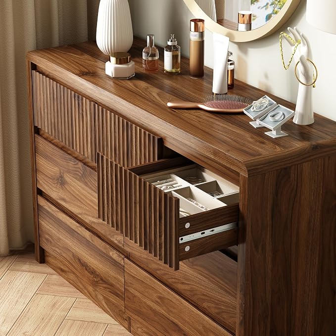 LYNSOM 7 Drawer Dresser for Bedroom, 50" Wide Fluted Dresser with Curved Corners, Wood Dressers & Chests of Drawers with Dual-Panel Design for Bedroom, Entryway, Walnut