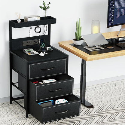 SZLHANJZ LED Nightstand Set of 2, Night Stand with 3 Drawers and Type C Charging Station, Storage End Table with Shelf and Hooks, Large Bedside Table for Dorm Bedroom, Black