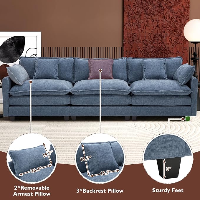 Ihanherry 111.4 Inch 3-Seater Cloud Sofa, Modular Sectional Couch, Modern Deep Seat Sofa for Living Room, Comfy Double Layer Upholstered Seat Cushion, Breathable Chenille Fabric, Blue
