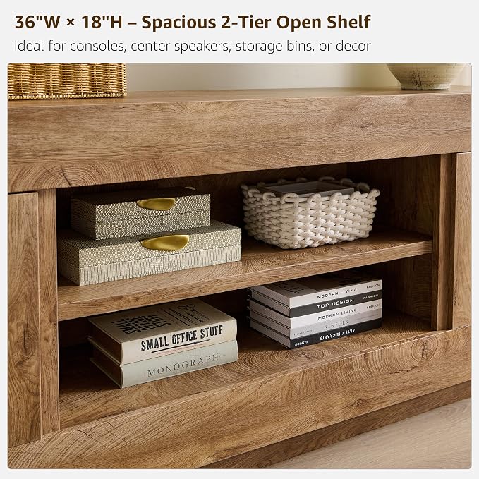 OKD Modern 70" TV Stand, Entertainment Center for TVs Up to 80", Media Console with Large Open Storage & Side Cabinets, Thick Wood Design for Living Room, Light Knotty Oak