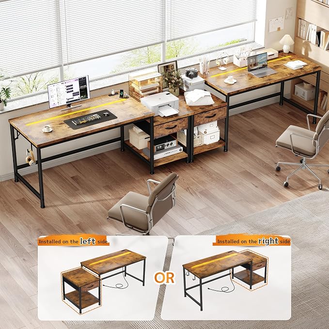 DurayLoly 56" Computer Desk with Printer Shelf & Power Outlets – Reversible Gaming Desk with LED Lights, Drawer & Headphone Hook for Teen Bedroom, Dorm, Home Office, Rustic Brown