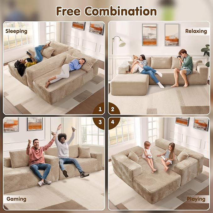 ovios 104" Cloud Boneless Couch with L-Shape Chaise,Modern Sectional Modular Sofa with Deep Seat, Upholstered Couches for Living Room Bedroom,No Assembly Required, Beige (Plush Corduroy Fabric)